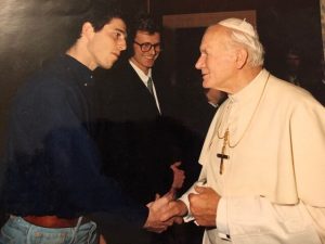 Jeremy representing his Peace Studies Around the World graduate students group meeting with Pope John Paul II at the Vatican, 1989
